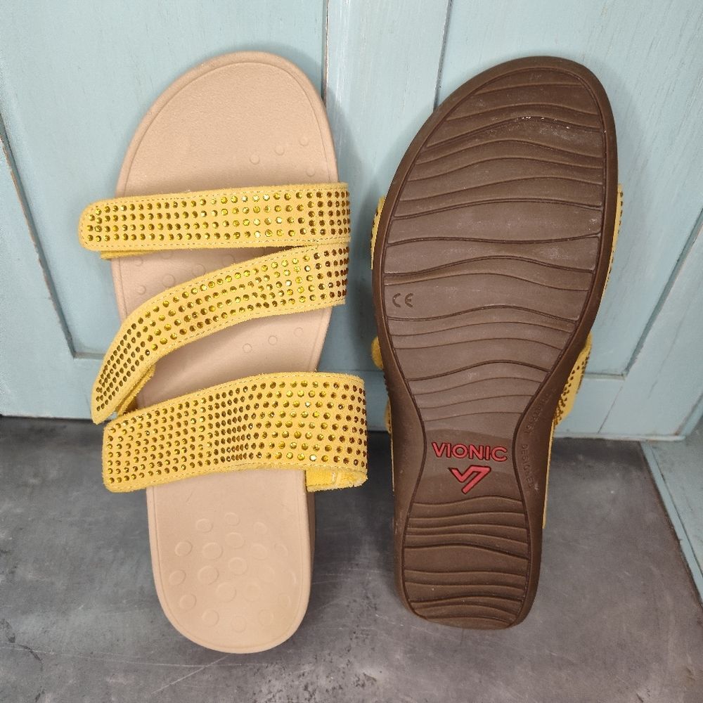 VIONIC Sandals Womens 11 Alexis Adjustable Slip On Rhinestone Bling Dark Yellow